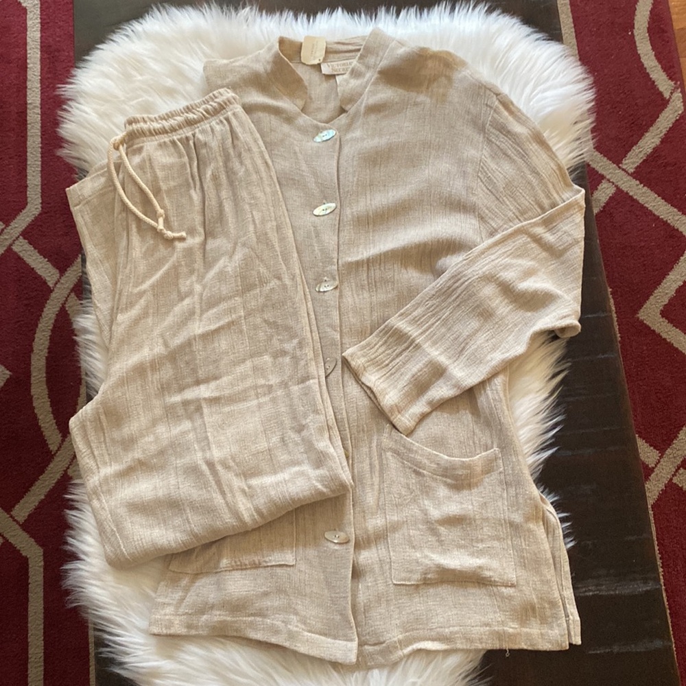 Victoria's Secret, Gold Label Beige Button-Up long sleeve Top and Pants Set